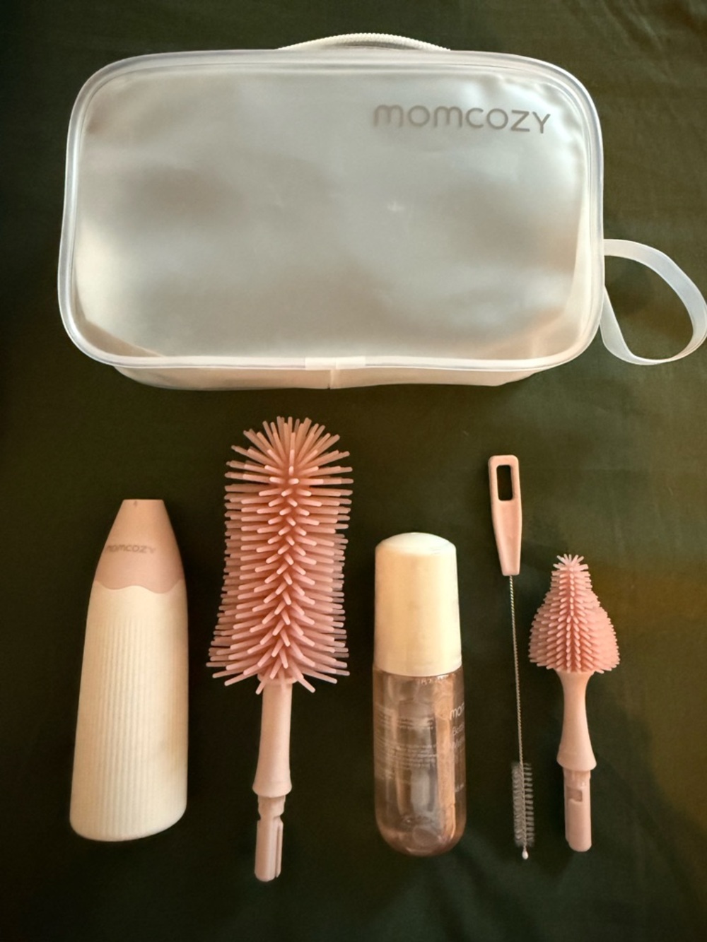 momcozy Pink Baby Bottle Cleaning Brush Set with Travel Case